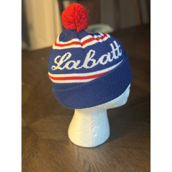 Labatt Blue Beanie With Pom Pom Red White Stripes Warm Acrylic Hat - Picture 1 of 5